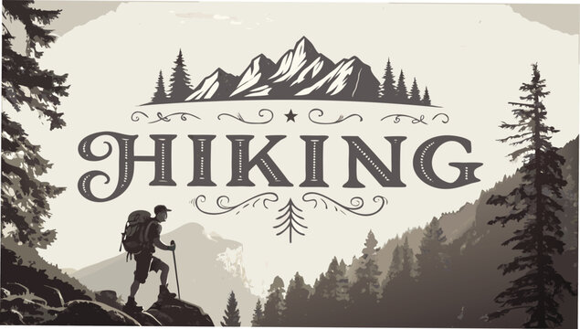Vintage hiking with mountain forest backdrop, hiking vintage style, forest hiking old-fashioned nature scene