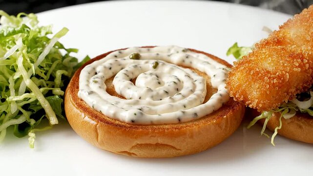 Fish Burger Bun Base Isolated On A Clean White Background With Mayonnaise Swirl And Fresh Lettuce Garnish