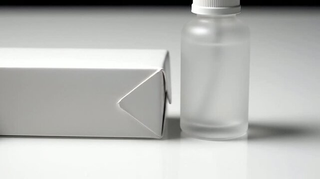 Macro Shot Of A Blank White Product Carton Sliding Beside A Frosted Glass Bottle On A Clean Studio Background