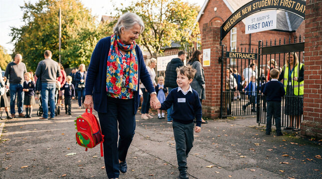 Grandmother walking young grandson to school entrance for his first day of classes with a red backpack.