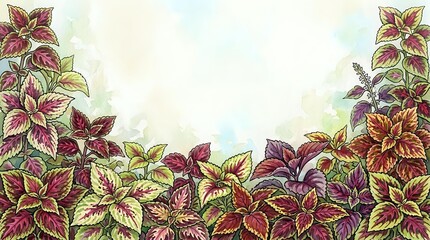 Fototapeta premium Colorful foliage plants with burgundy and golden leaves arranged in a decorative border frame, suitable for botanical designs, garden themes, and nature-inspired backgrounds.