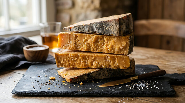 A stack of deeply aged cheddar cheese slices on a rustic slate board with a knife nearby