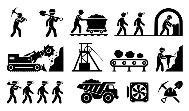 Coal mining worker silhouette collection with industrial labor icons