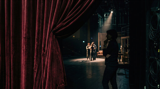 Theater director watching actors rehearse on stage behind a red curtain in a dark playhouse.