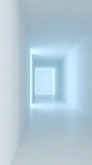 Fototapeta premium Futuristic tunnel with glowing neon light frames creating depth and perspective in minimalist white corridor space for modern design projects.