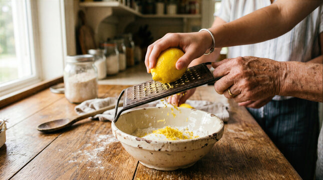 Close up of hands zesting a fresh lemon into flour with a vintage grater on a rustic wooden table, baking preparations in a farmhouse kitchen.