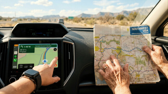 Comparison of digital GPS navigation on a car dashboard screen and a traditional paper map during a road trip in Southwest USA