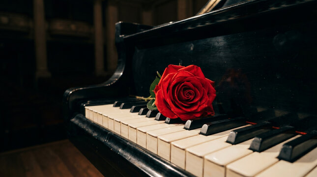Red rose lying on black piano keys in close-up romantic composition
