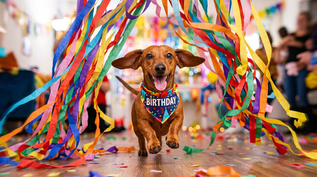 Happy dachshund wearing birthday bandana running through colorful streamers at a pet party