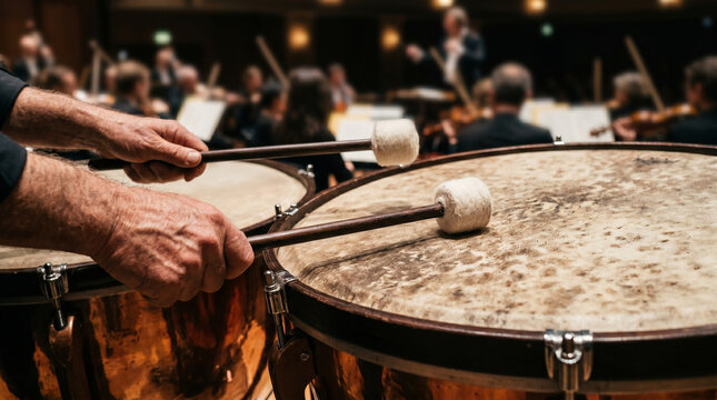 Close up of musician hands playing timpani drums during an orchestra concert performance