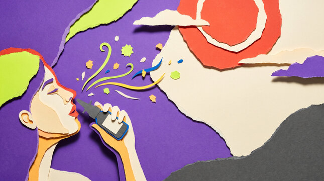 Woman using nasal spray in colorful paper art collage style  