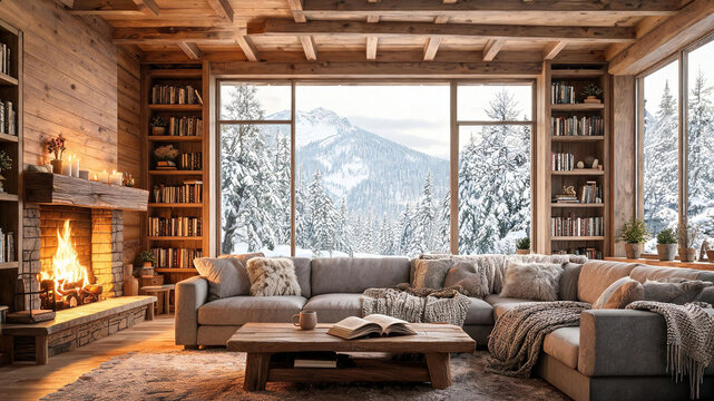 Cozy winter cabin living room with fireplace and snowy mountain view,backdrop, virtual meeting background, ms teams background, zoom meeting backdrop, digital meeting background