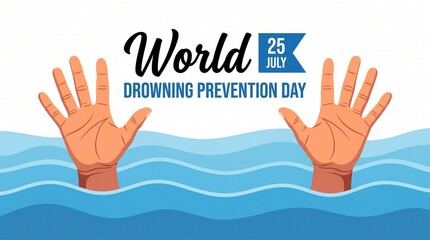 Fototapeta premium World Drowning Prevention Day banner, 25 July awareness poster, hands reaching out of blue water waves