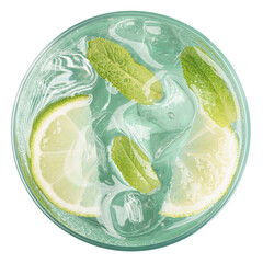 Obraz premium Mojito cocktail top view with lime wedges mint leaves and transparent ice