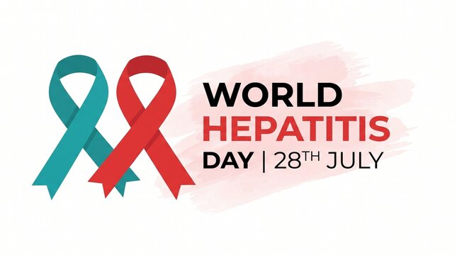 World Hepatitis Day banner, red and jade awareness ribbons, medical health campaign for 28th July