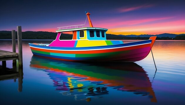 colorful boat is sitting on a dock in the water. The , created with generative aio