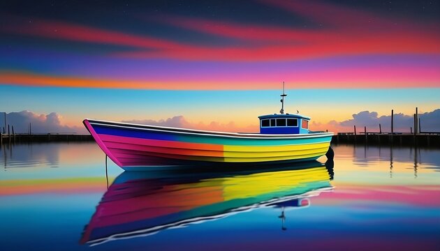 colorful boat is sitting on a dock in the water. The , created with generative aio