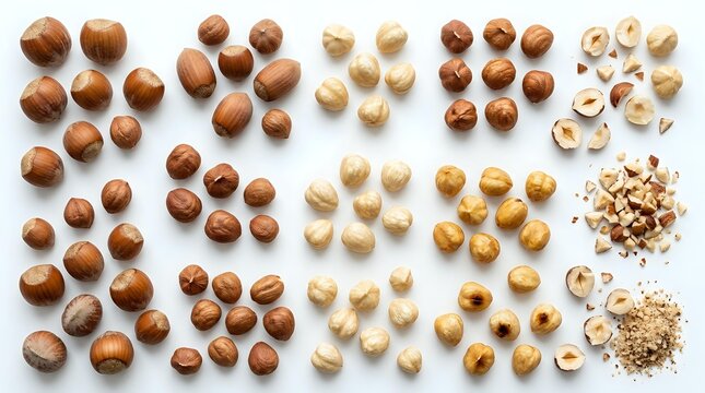 Assorted hazelnuts and blanched nuts arranged in organized groups showing whole nuts, halved kernels, and crushed pieces on white background for culinary and design use.