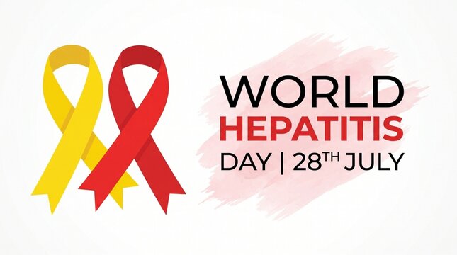 World Hepatitis Day banner with yellow and red ribbons, 28th July medical awareness concept, healthcare poster