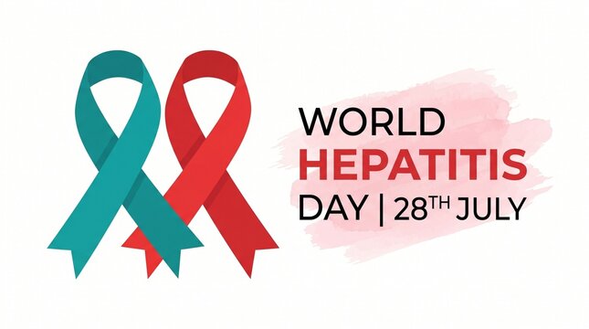 World Hepatitis Day banner, 28th July medical awareness poster, red and teal ribbons on white background
