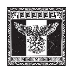 Fototapeta premium Mexican coat of arms illustration with ancient greek key border pattern