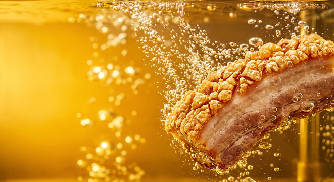 Crispy pork belly deep frying in hot bubbling golden oil.