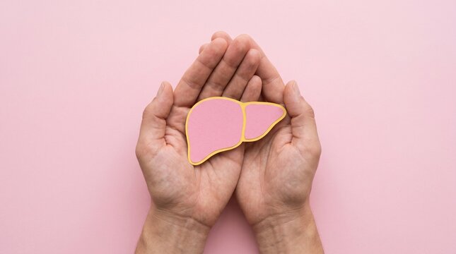 Human liver organ model held in hands, medical healthcare concept, pink background for liver disease awareness