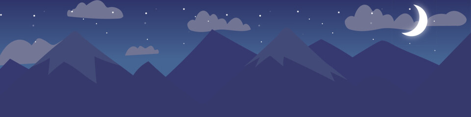 Fototapeta premium Night Mountain Landscape Banner with Crescent Moon and Stars in Minimalist Flat Vector Style