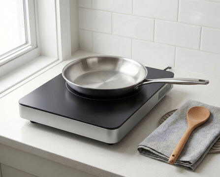 Portable induction cooktop with clear counter zone in compact kitchenette
