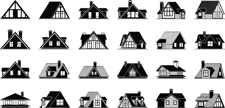 Stylized house silhouettes, black and white vector illustration of A‑frame cabins and gabled roof architecture designs