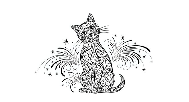 Sitting cat with ornamental patterns and decorative stars, isolated on white background. Zentangle style artwork suitable for coloring books, t-shirt designs, and print projects.