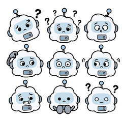 Obraz premium Cute Confused Cloud Robot Kawaii Character Set with Soft Tech Mascot Sticker Expressions