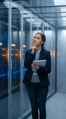 Fototapeta premium Female IT professional with dark hair, Caucasian ethnicity, wearing navy blazer and holding tablet in modern server room with illuminated data center racks, contemplating network infrastructure.