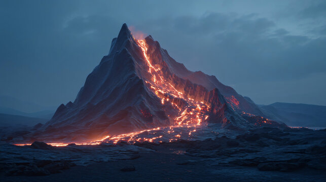 Volcanic Eruption at Dusk: A dramatic volcanic mountain spews molten lava down its slopes, painting the dusky sky with fiery hues and illuminating the barren landscape with an otherworldly glow.