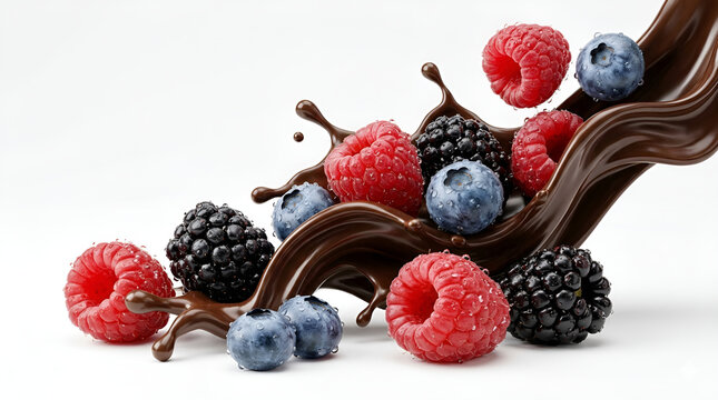 Isolated dynamic splash of smooth dark chocolate with fresh raspberries blackberries and blueberries on white background