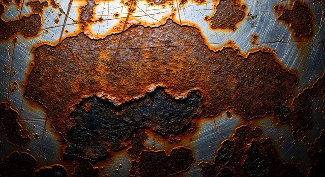 Rusty metal with dark corrosion spots decay oxidation