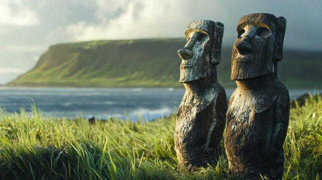Two Moai statues stand on Easter Island, a grassy landscape behind them and the ocean in the distance. The statues are made of stone and have large heads.
