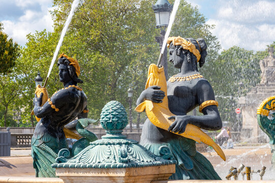 Fountain of the Seas (Fontaine des Mers) sculptures on place de la Concorde square in Paris, France