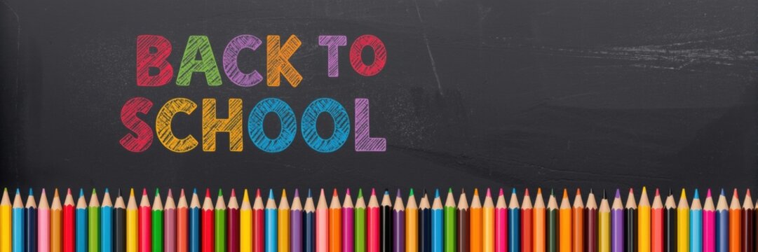 Colorful back to school lettering on a black chalkboard background, with a line, of sharpened pencils, below it