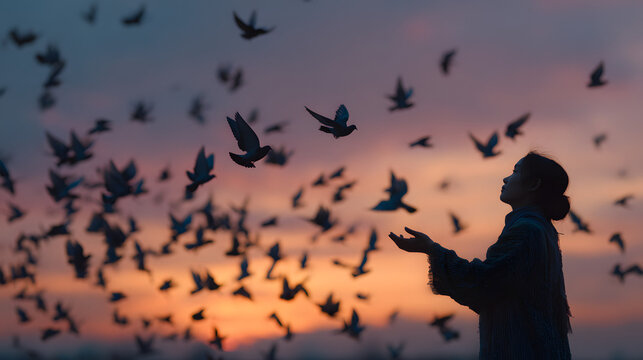 The silhouette of an individual at dusk, birds taking flight from their hands, a powerful metaphor for letting go and finding peace in nature's embrace.