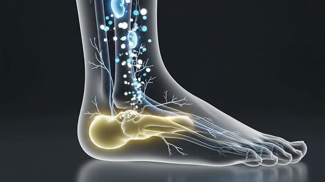 Transparent Digital Illustration Of Ankle And Lower Leg Depicting Edema Recovery With Flow Dynamics In Medical Technology Context