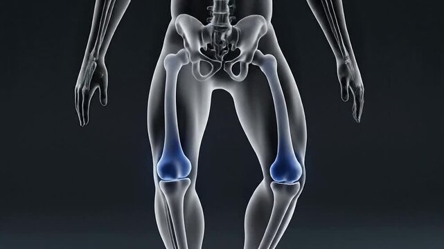 Transparent Human Body Showcasing Joint Mobility and Wellness Check with Highlighted Skeletal System in Blue Against Dark Background