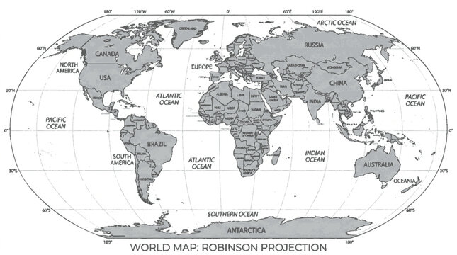Detailed robinson projection world map with labeled countries