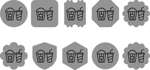 Fototapeta premium Cinema popcorn and soda snack line icon set inside various geometric gray badge badge shapes