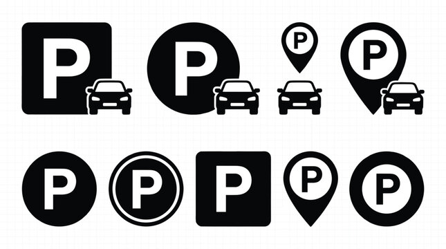 Car parking sign icon set featuring letter P map location pins squares and circle markers
