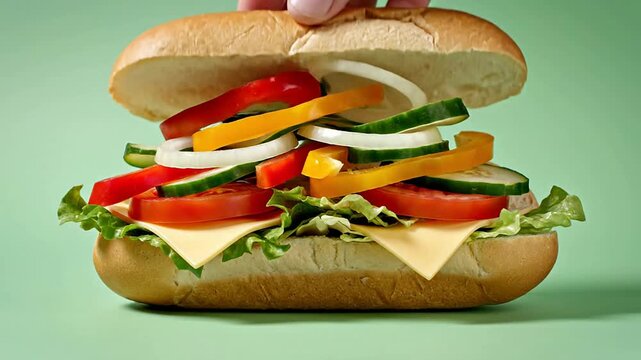 Veggie Sub Sandwich With Fresh Ingredients Isolated On A Pale Green Background Highlighting Healthy Eating Concepts