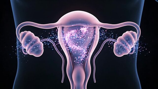 Vibrant and Detailed Illustration of a Healthy Human Uterus with Fallopian Tubes against Dark Background for Medical and Educational Content