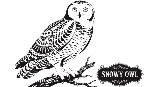 Very beautiful black-and-white engraved vector illustration featuring SNOWY OWL with intricate feather textures and a decorative label reading "SNOWY OWL".