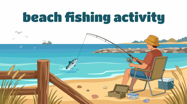 beach fishing activity on coastal ocean landscape environment with marine recreation adventure travel waves and outdoor scenery for detailed commercial vector illustration design