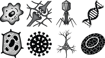 Fototapeta premium Biological and Microscopic Entity Silhouette Collection Featuring Cells Neurons, DNA, Viruses, and Molecular Structures